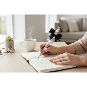 Elegant Crystal & Pearl Beaded Pen With Black Satin Bow And Heart Gem Embellishm